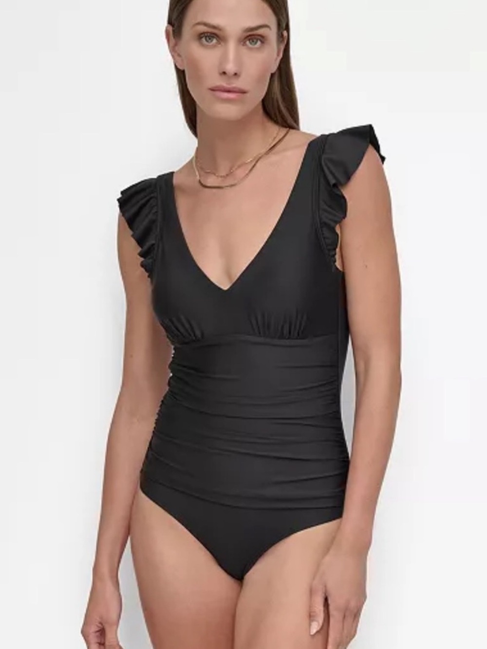 NWT DKNY Ruffle Plunge Underwire Tummy Control One Piece Swimsuit Black - Picture 1 of 10